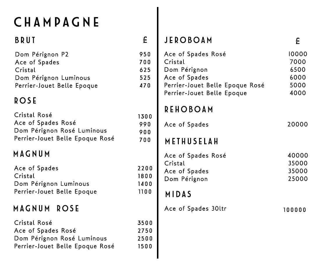 Cirque le Soir Bottle Menu