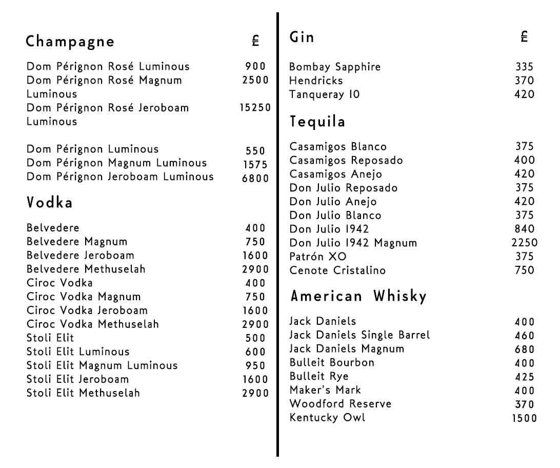 Price Bottle Menu Cuckoo London
