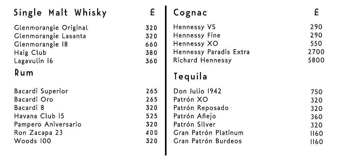 Shaka Zulu Bottle Menu